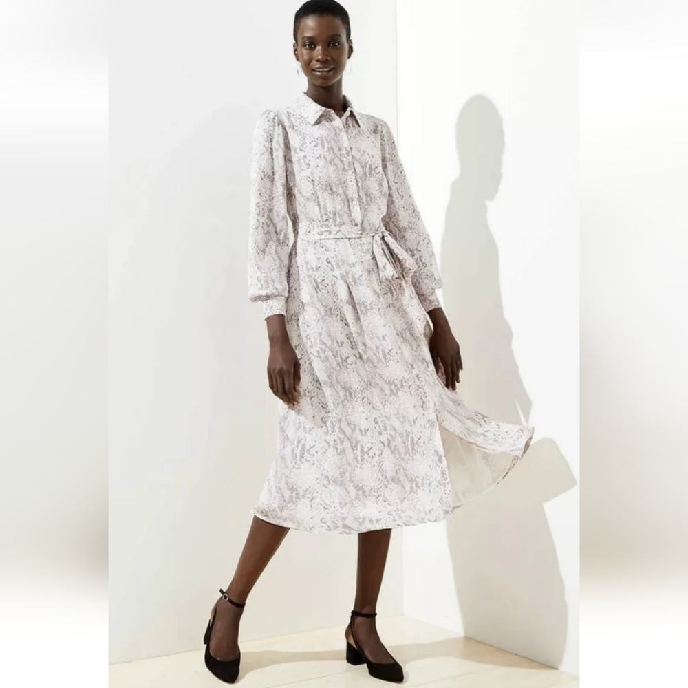 LOFT Snake Print Tie Waist Midi Lavender Beige Dress Size 2 - Picture 1 of 14